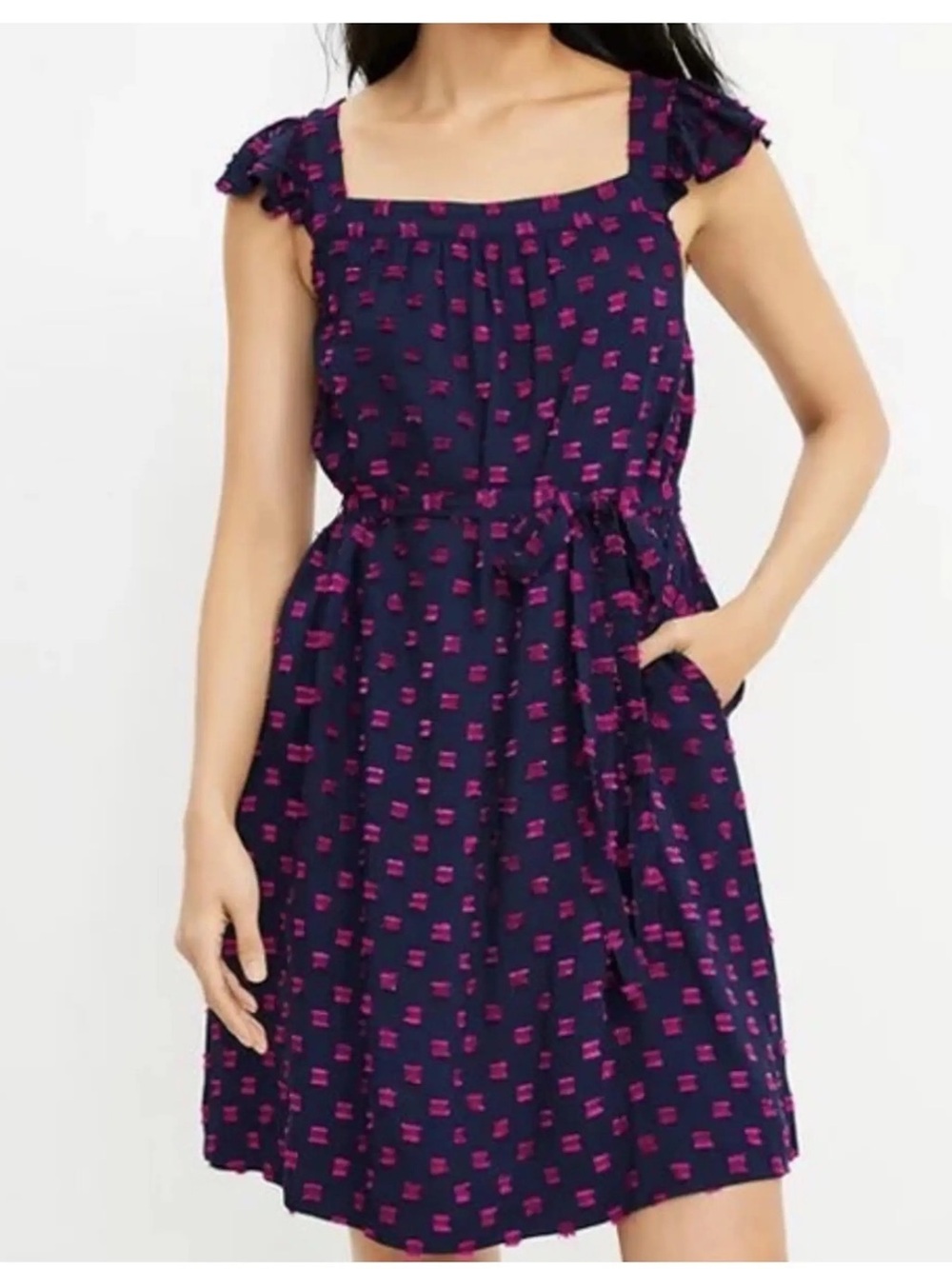 LOFT NWT Flutter Sleeve Belted Navy & Pink Textured Block Dot Dress S